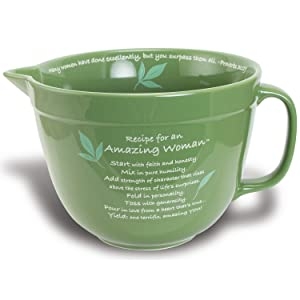 Green mixing bowl with pouring spout and has the recipe for an amazing woman printed on side