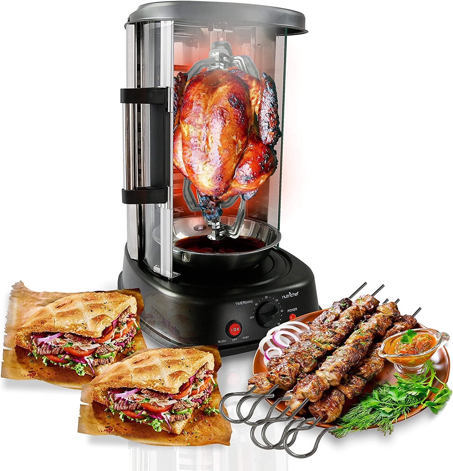 NutriChef Countertop Vertical Rotating Oven – Rotisserie Shawarma Machine, Kebob Machine, Stain Resistant & Energy Efficient W/