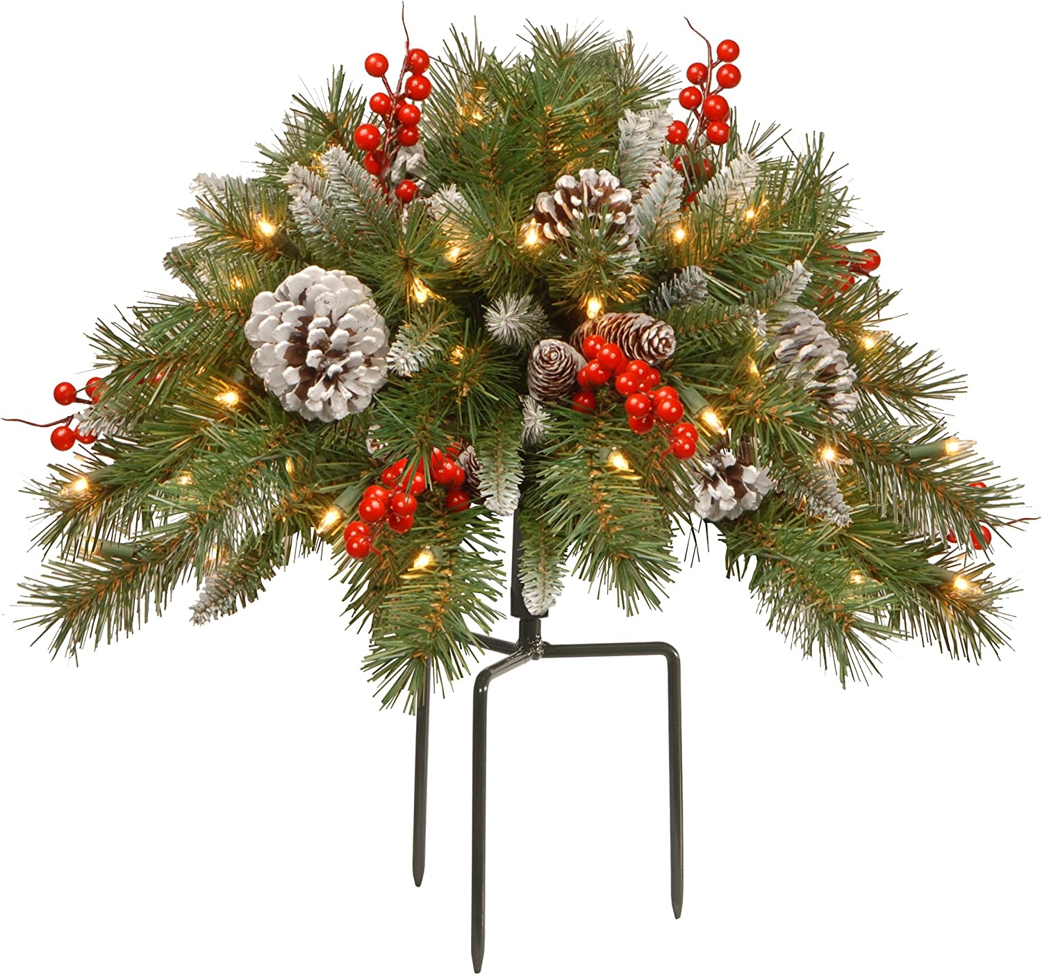 National Tree Company National Tree 18 Inch Frosted Urn Filler with Cones, Red Berries, Tripod Stake and 35 Warm White Battery