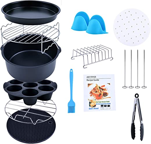 Air Fryer Accessories, Set of 12 Fit for 5.3Qt and Larger Air Fryer with Cake & Pizza Pan, Metal Holder, Skewer Rack & Skewers, etc, Nonstick…