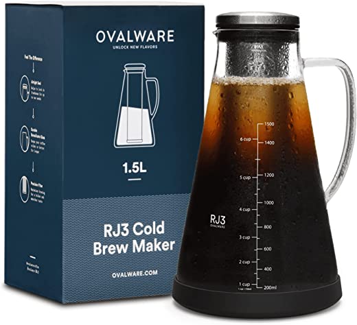 Airtight Cold Brew Iced Coffee Maker (& Iced Tea Maker) with Spout – 1.5L/ 51oz Ovalware RJ3 Brewing Glass Carafe with Removable Stainless Steel…