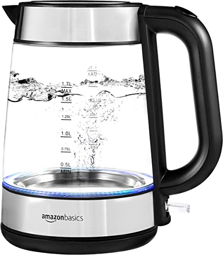 Amazon Basics Electric Glass and Steel Hot Tea Water Kettle, 1.7-Liter