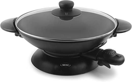 Aroma Housewares AEW-306 Electric Wok with Tempered Glass Lid Easy Clean Nonstick, Cooking Chopsticks, Tempura and Steaming Racks, Professional…