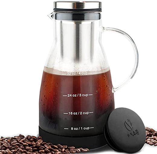 Bean Envy Cold Brew Coffee Maker – 32 oz Glass Iced Tea & Coffee Cold Brew Maker and Pitcher w/ Silicone Cap & Base