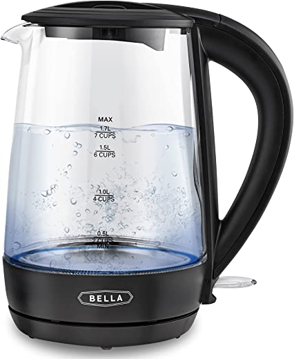 BELLA 1.7 Liter Glass Electric Kettle, Quickly Boil 7 Cups of Water in 6-7 Minutes, Soft Blue LED Lights Illuminate While Boiling, Cordless…
