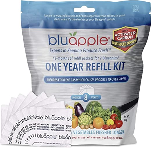 Bluapple 1-Year Carbon Refill Kit – Keep Fruits & Vegetables Fresh Longer & Help Absorb Odors, 8 Packets with Carbon, Fruit & Vegetable Storage,…