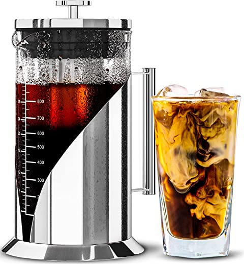 Cafe Du Chateau Cold Brew Coffee Maker – 34 Ounces – Air Tight Seal with Faster Steep Time – Ice Tea and Coffee Glass Pitcher – Stainless Steel…
