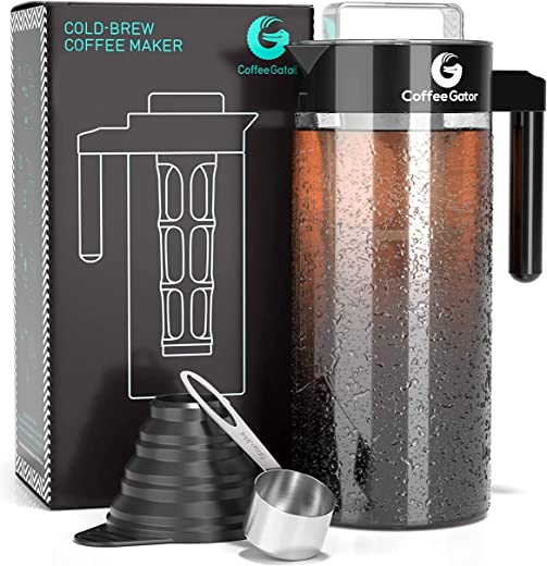 Coffee Gator Cold Brew Coffee Maker – 47 oz Iced Tea and Iced Coffee Maker and Pitcher w/ Glass Carafe, Filter, Funnel & Measuring Scoop – Black