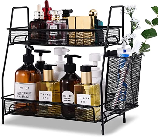 Countertop organizer for bathroom counter, the organizer for bedroom, spice rack organizer for kitchen counter shelf with small basket(Black)