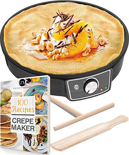 Crepe Maker Machine (Lifetime Warranty), Pancake Griddle – Nonstick 12” Electric Griddle – Pancake Maker, Batter Spreader, Wooden Spatula – Crepe…