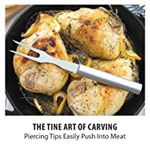 silver carving fork on lemon chicken with text
