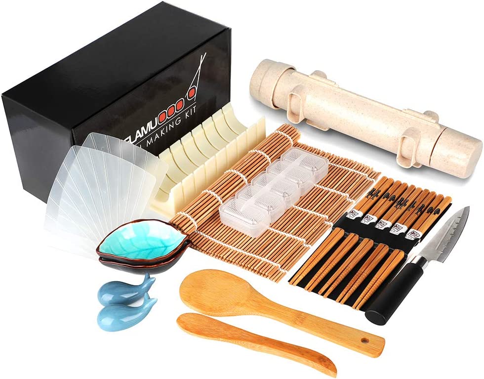 Delamu Sushi Making Kit, 20 in 1 Sushi Bazooka Roller Kit with Chef’s Knife, Bamboo Mats, Bazooka Roller, Rice Mold, Temaki Sushi Mats, Rice…