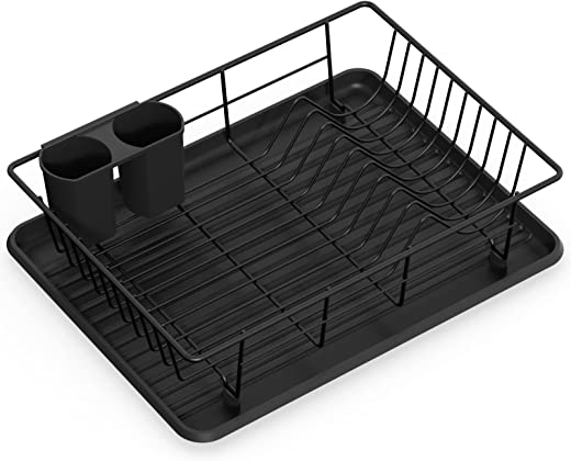 Dish Drying Rack, GSlife Small Dish Rack with Tray Compact Dish Drainer for Kitchen Counter Cabinet, Black