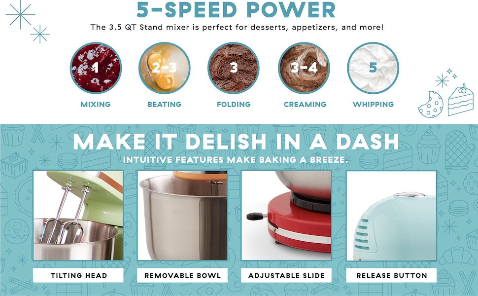 Delish, Dash, Compact, Stand Mixer, Baking, 5 speeds
