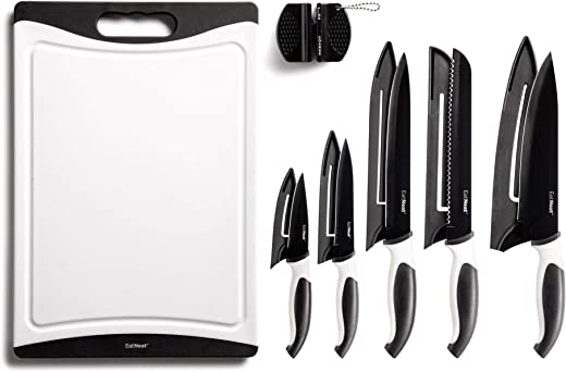 EatNeat 12-Piece Kitchen Knife Set – 5 Black Stainless Steel Knives with Sheaths, Cutting Board, and a Sharpener – Razor Sharp Cutting Tools that…