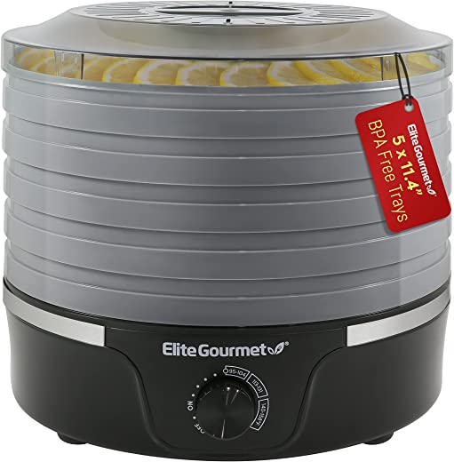 Elite Gourmet EFD319DKG Food Dehydrator, 5 BPA-Free 11.4″ Trays Adjustable Temperature Controls, Jerky, Herbs, Fruit, Veggies, Dried Snacks, Black…