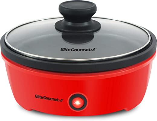 Elite Gourmet EGL-6101 Personal Stir Fry Griddle Pan, Rapid Heat Up, 650 Watts Non-stick Electric Skillet with Tempered Glass Lid, Red