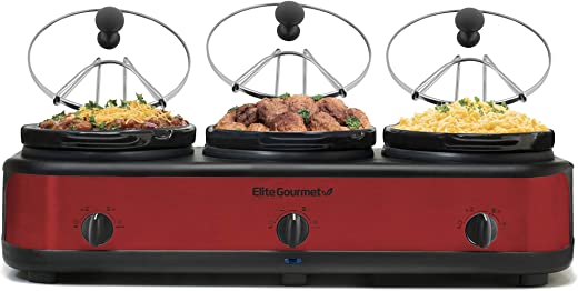 Elite Platinum EWMST Adjustable Temp Dishwasher-Safe Oval Ceramic Pots, Lid Rests, 3 x 2.5Qt Capacity, Red