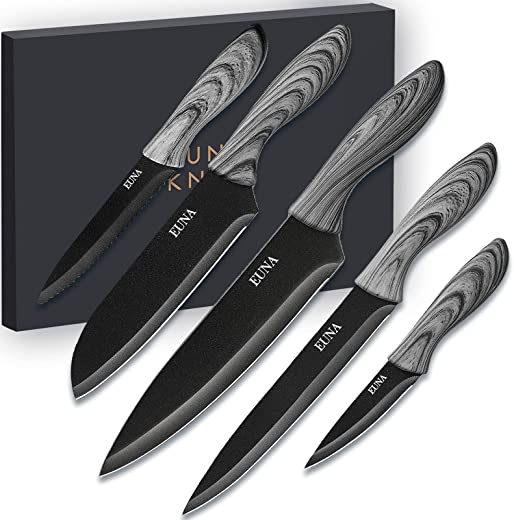 EUNA 5 PCS Kitchen Knife Set with Multiple Sizes, [Ultra-Sharp] Chef Cooking Knives with Sheaths and Gift Box, Chef Knife Set for Professional…