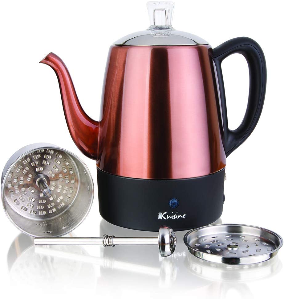Euro Cuisine PER04 Electric Percolator 4 Cup Stainless Steel Coffee Pot Maker (4 Cup) – Copper Finish