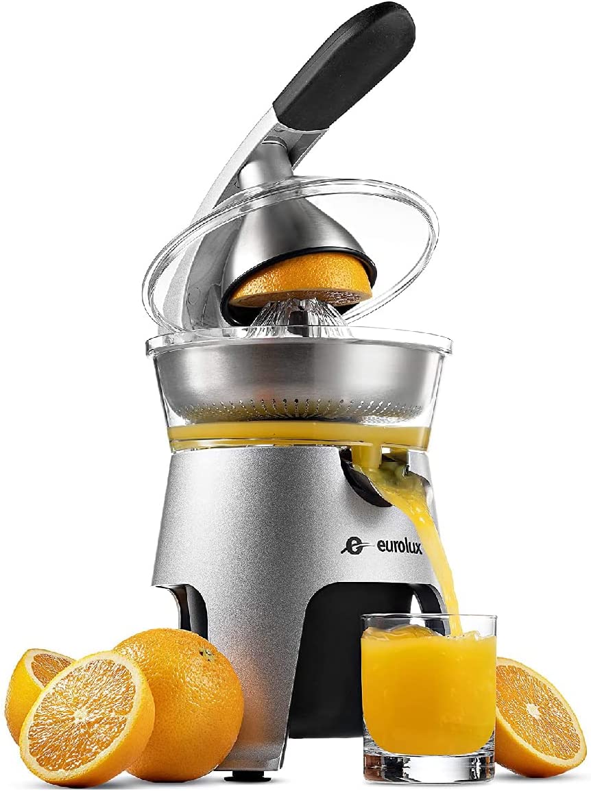 Eurolux Die Cast Stainless Steel Electric Citrus Juicer Squeezer, for Orange, Lemon, Grapefruit | 300 Watts of Power, With 2 Stainless Steel Filter…