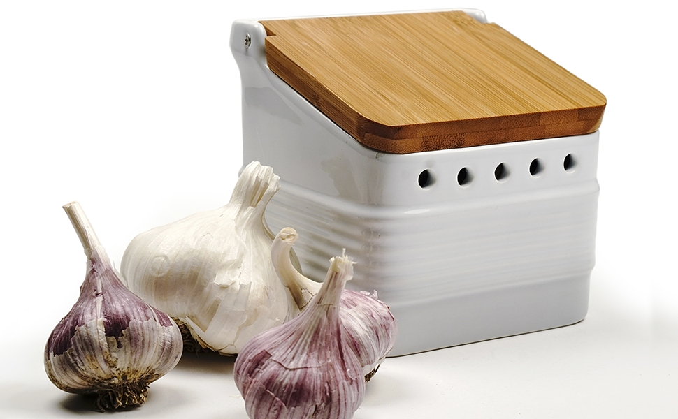 Box, Keeper, Garlic, Smell, Odor, Stoneware, Shallots, Bamboo, Lid, kitchen, Container, Ceramic
