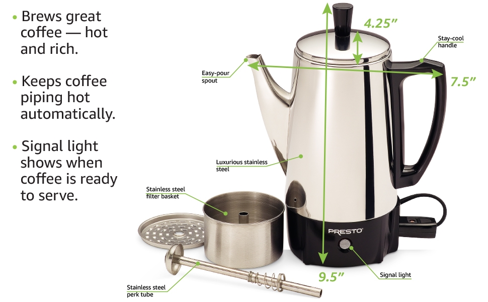 02822 6-Cup Stainless-Steel Coffee Percolator Callouts