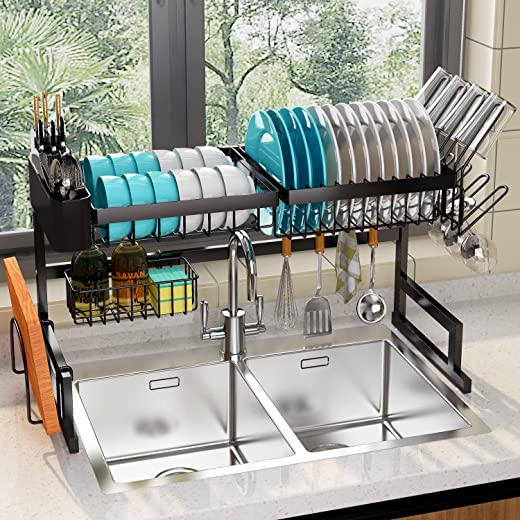 【Fit Sink 24″- 33″ L】 2023 Version Adbiu Over Sink Dish Drying Rack (Expandable Dimension) Snap-On Design 2 Tier Large Kitchen Dish Rack Stainless…