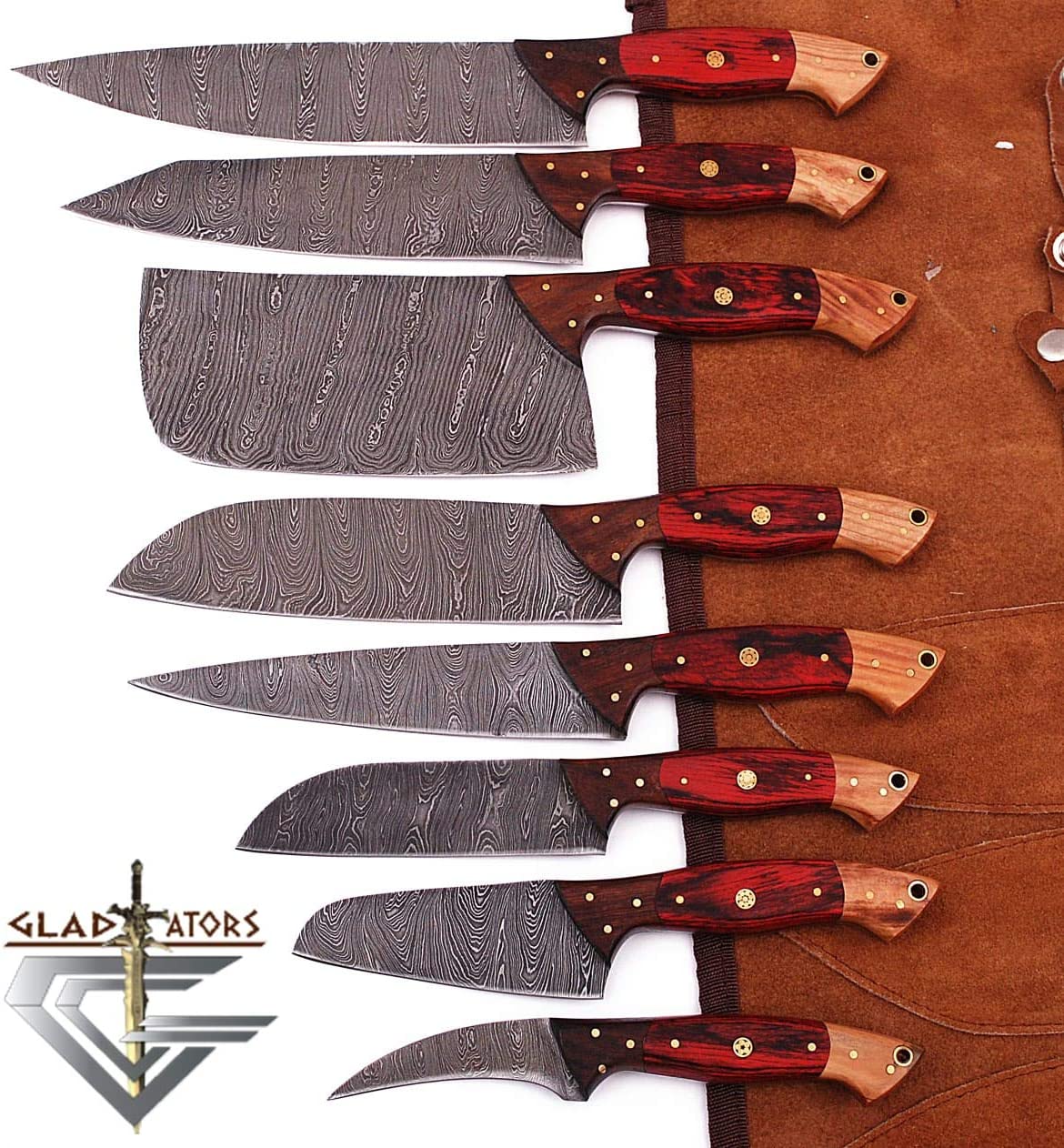G29RD- Professional Kitchen Knives Custom Made Damascus Steel 8 pcs of Professional Utility Chef Kitchen Knife Set with Chopper / Cleaver with…
