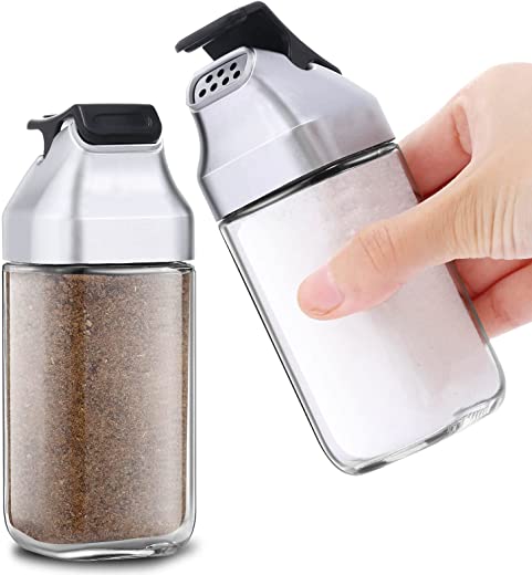 Glass Salt and Pepper Shakers Set – Moisture Proof Salt Shaker with Plastic Lid – Refillable Spice Dispenser for Kitchen or Travel – Cute Seasoning…