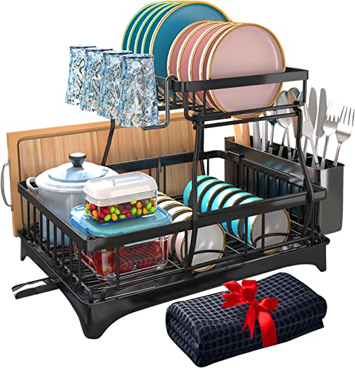 Godboat Dish Drying Rack with Drainboard, 2-Tier Dish Racks for Kitchen Counter, Dish Drainer Set with Utensils Holder, Large Capacity Dish…
