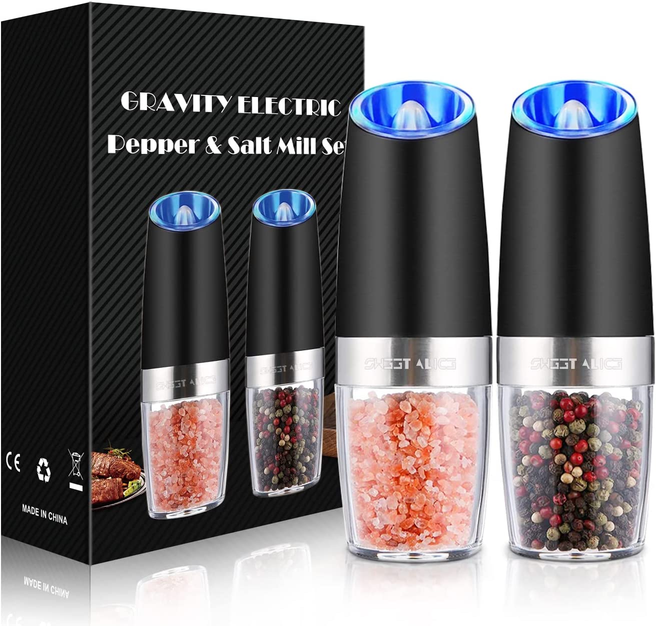 Gravity Electric Pepper and Salt Grinder Set, Adjustable Coarseness, Battery Powered with LED Light, One Hand Automatic Operation, Stainless Steel…