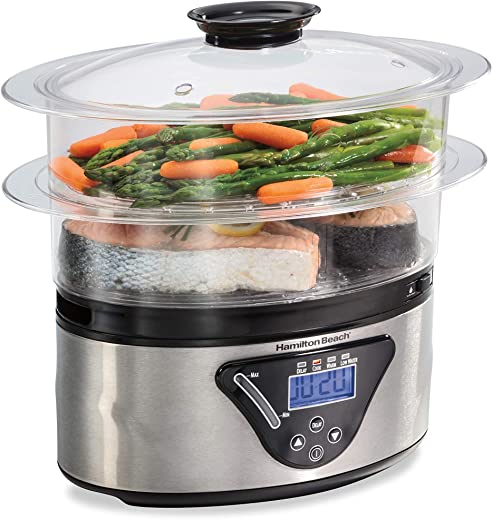 Hamilton Beach Digital Food Steamer for Quick, Healthy Cooking with Stackable Two-Tier Bowls for Vegetables and Seafood Plus Rice Basket, 5.5…