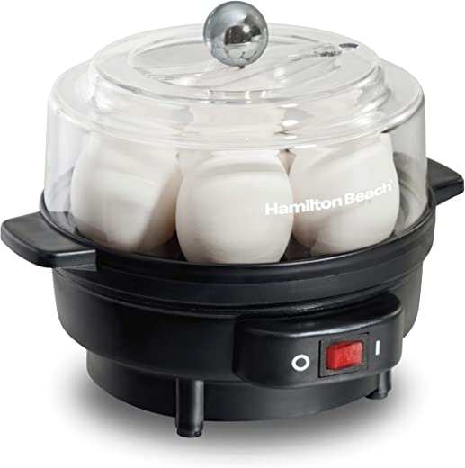 Hamilton Beach Electric Hard Boiled Egg Cooker, 3-in-1: Boiled Egg Cooker, Poacher & Omelet Maker, Can Hold 7 Eggs, Black with Silver Knob (25500)