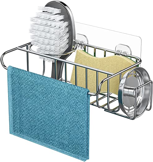 HapiRm 4 in 1 Adhesive Sink Caddy Sponge Holder, SUS304 Stainless Steel Sink Basket Brush Holder + Dish Cloth Hanger + Soap Rack + Sink Stopper…