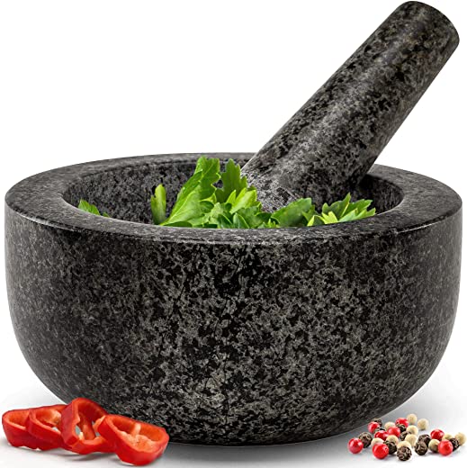 Heavy Duty Large Mortar and Pestle Set, Hand Carved from Natural Granite, Make Fresh Guacamole, Salsa, Pesto, Stone Grinder Bowl, Herb Crusher,…