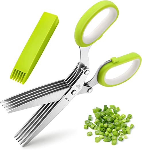 Herb Scissors, X-Chef Multipurpose 5 Blade Kitchen Herb Shears Herb Cutter with Safety Cover and Cleaning Comb for Chopping Basil Chive Parsley…