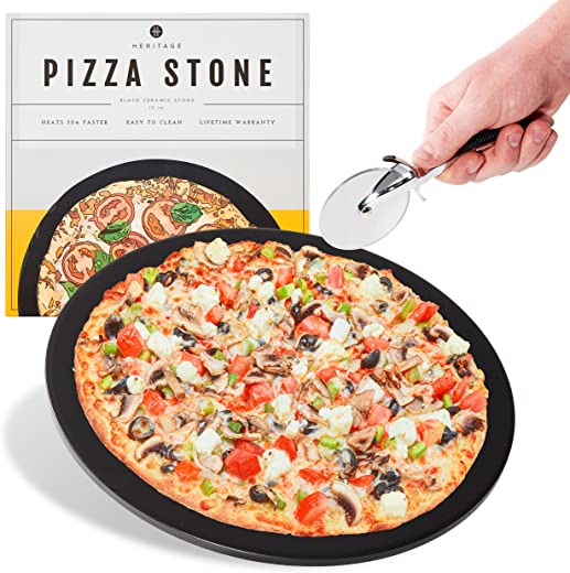 Heritage Pizza Stone, 15 inch Ceramic Baking Stones for Oven Use – Non-Stick, No Stain Pan & Cutter Set for Gas, BBQ & Grill – Kitchen Accessories…
