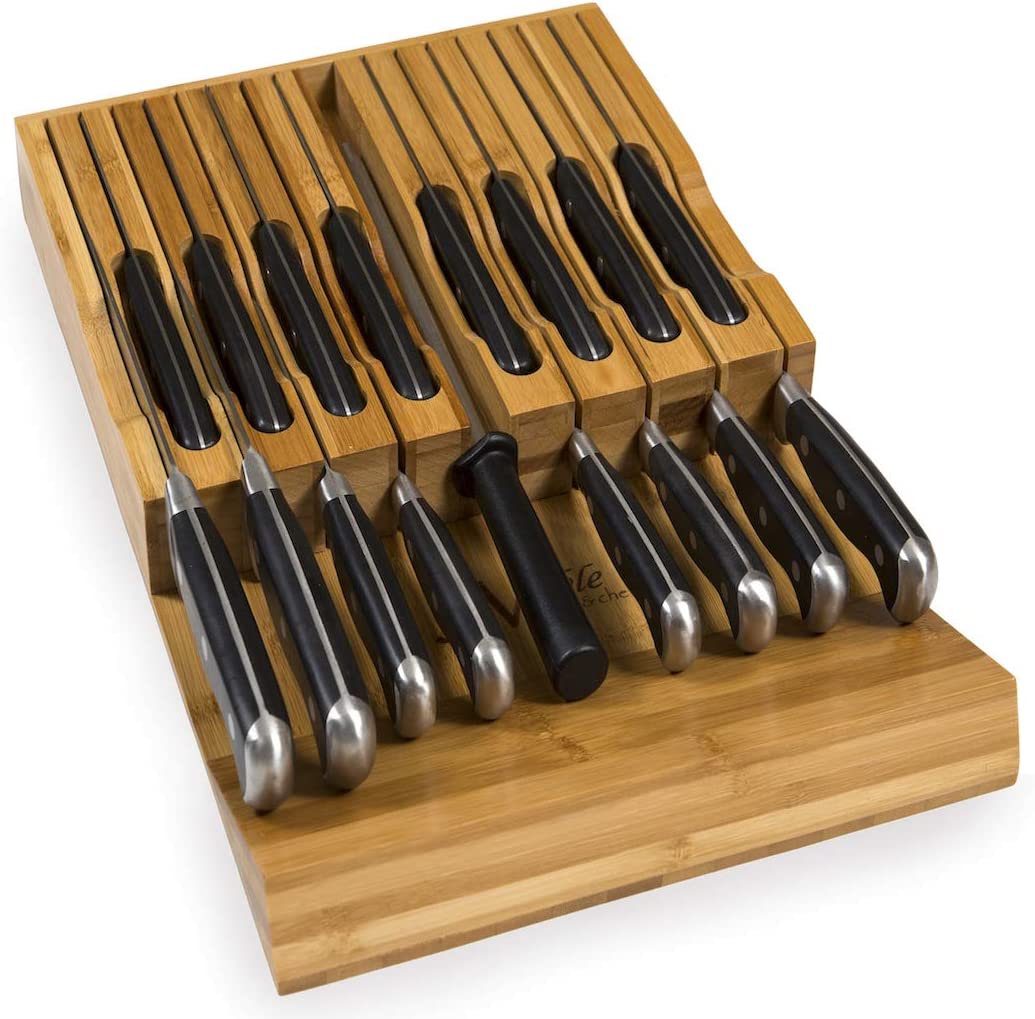 In-Drawer Bamboo Knife Block Holds 16 Knives (Not Included) Without Pointing Up PLUS a Slot for your Knife Sharpener! Noble Home & Chef Knife…