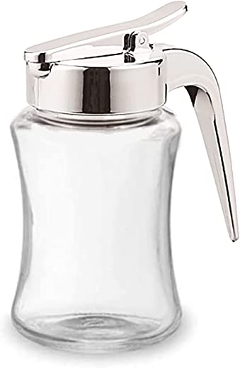 J&M Design Glass Syrup Dispenser Bottle for Maple Syrup, Honey Pot or Sugar Jar W/ Handle Shaker For Pancakes, Coffee, Cereal Bowl, Tea Pour Spout…