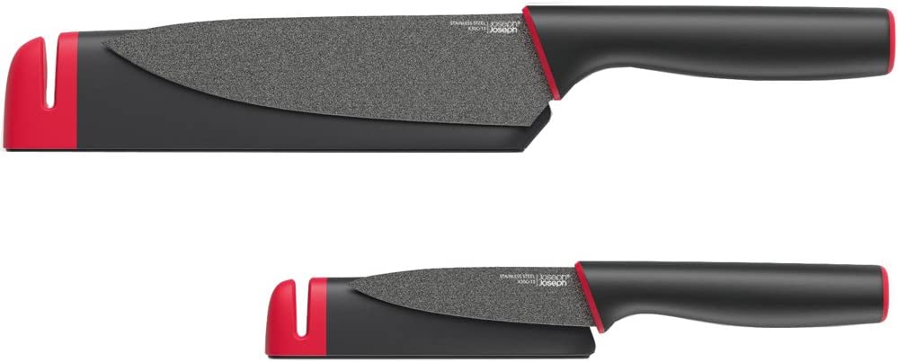 Joseph Joseph Slice & Sharpen 6″ Chef’s Knive and 3.5″ Paring Knife with Sharpening Protective Sheaths, Black