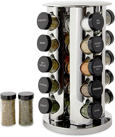 Kamenstein Revolving 20-Jar Countertop Rack Tower Organizer with Free Spice Refills for 5 Years, Polished Stainless Steel with Black Caps