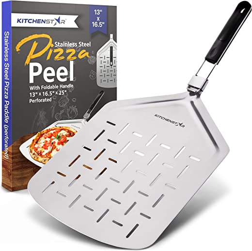 KitchenStar Perforated Stainless Steel Pizza Peel with Folding Handle (13 x 16.5 Inches) for Oven Pizza Turning, Placement and Retrieving -…