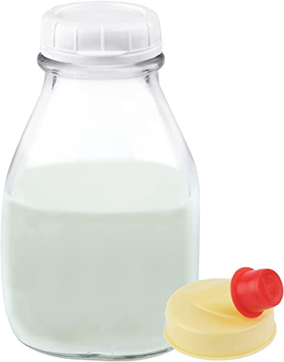 Kitchentoolz 16 Oz Glass Milk and Creamer Bottle with Caps – Perfect Milk Container for Refrigerator Storage – 16 Ounce Short and Wide Glass Milk…