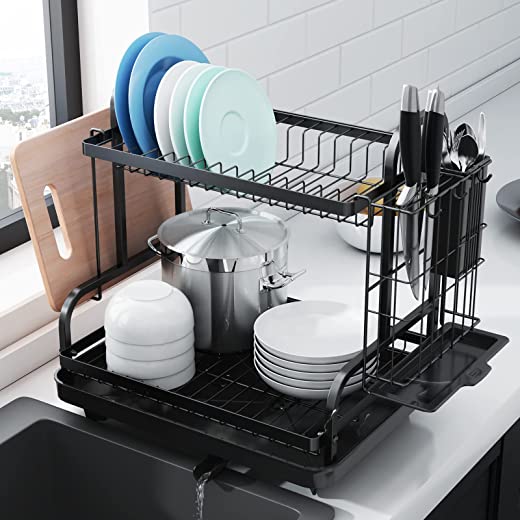 Kitsure Dish Drying Rack -Multifunctional Dish Rack, Rustproof Kitchen Dish Drying Rack with Drainboard & Utensil Holder, 2-Tier Dish Drying Rack…