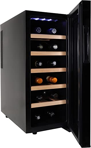 Koolatron Deluxe 12 Bottle Wine Cooler with Beech Wood Racks, Black, Thermoelectric Wine Fridge, 1 cu. ft. Freestanding Wine Refrigerator, Red,…
