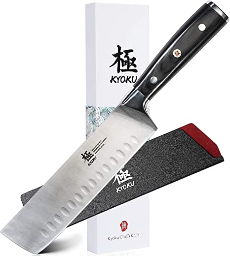 KYOKU Samurai Series – Nakiri Japanese Vegetable Knife 7″ – Full Tang – Japanese High Carbon Steel Kitchen Knives – Pakkawood Handle with Mosaic…