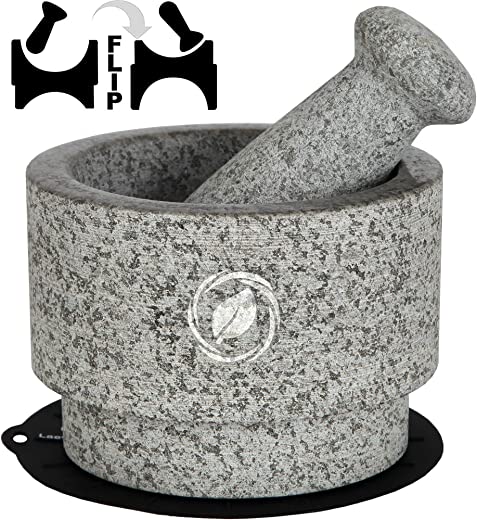 Laevo Mortar and Pestle Set (Large) | Gray Granite | Stone Spice Grinder | 2.1 Cup Capacity | 5.5 inch | Reversible | Molcajete Mexicano |…