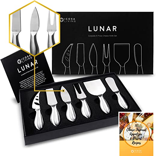 LUNAR 6-Piece Cheese Knife Set (Gift Ready) – Premium Stainless Steel Cheese Knives Collection – Charcuterie Board Accessories w/ 15 Festive Recipes
