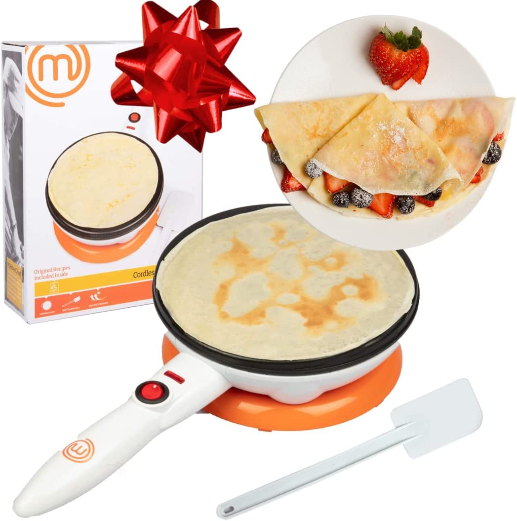 MasterChef Cordless Crepe Maker with Non-stick Dipping Plate plus Electric Base and Spatula, Recipe Guide Included, Fun Baking Gift